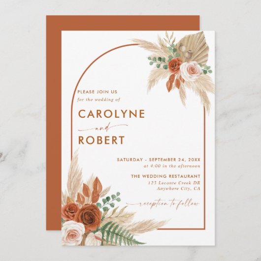 Boho Terracotta en Pampas Grass bruiloft Kaart (Voorkant / Achterkant)