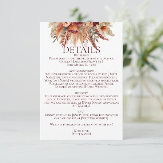 Boho Terracotta Fall Florals Pampas Grass Details Informatiekaartje (Staand voorkant)