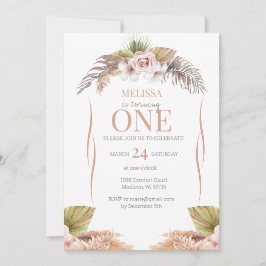 Boho Terracotta Floral 1e verjaardag uitnodiging (Voorkant)