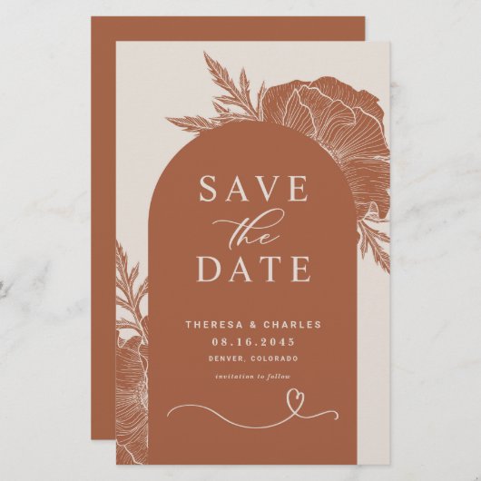 Boho Terracotta Floral Arch Save the Date Kaart (Voorkant / Achterkant)