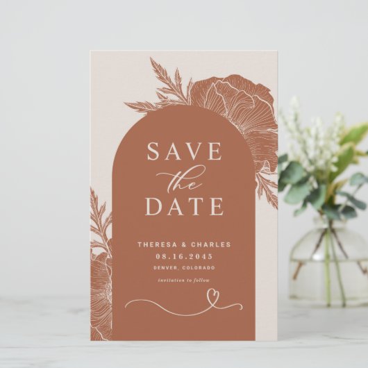 Boho Terracotta Floral Arch Save the Date Kaart (Staand voorkant)