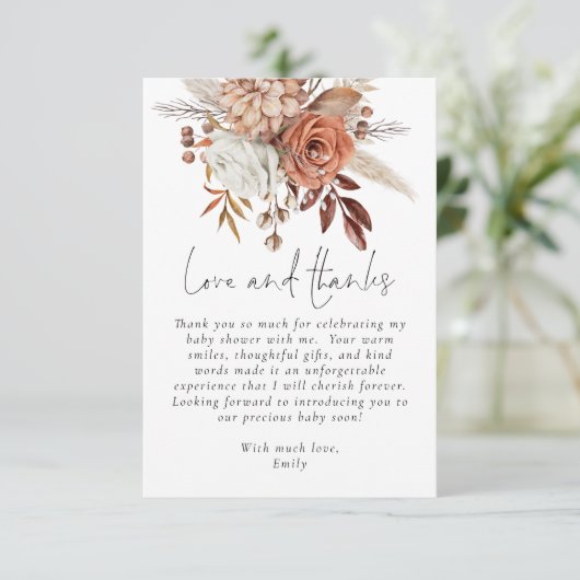 Boho Terracotta Floral Baby shower Dank u Bedankkaart (Staand voorkant)