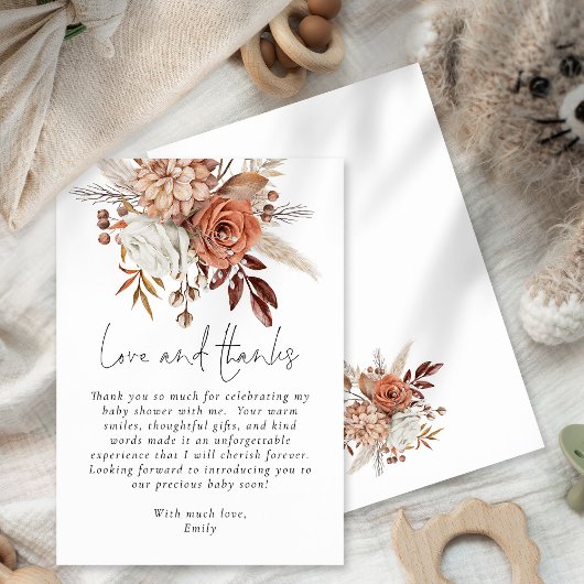 Boho Terracotta Floral Baby shower Dank u Bedankkaart
