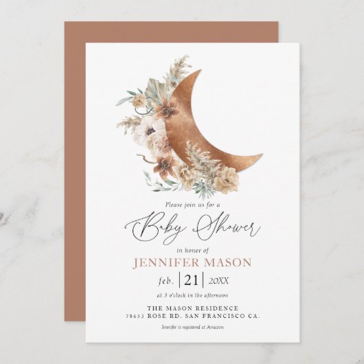 Boho Terracotta Floral Baby shower Invitation Kaart (Voorkant / Achterkant)