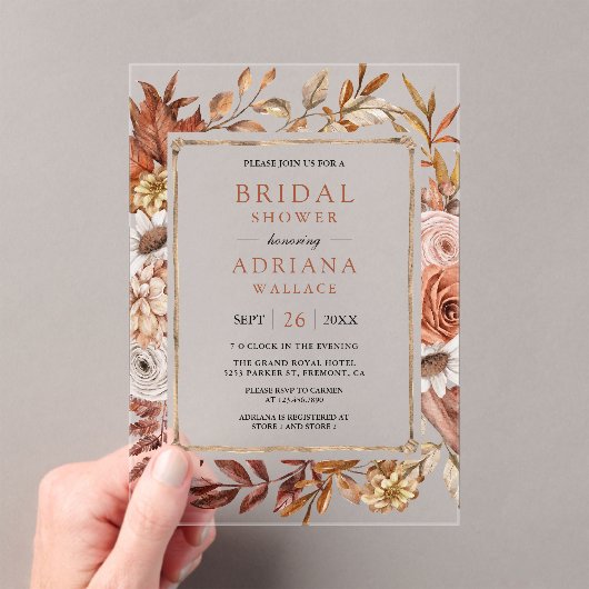 Boho Terracotta Floral Bridal Shower Acryl Uitnodigingen (Insitu (Draagbaar))