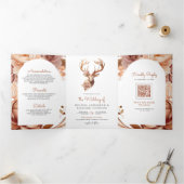 Boho Terracotta Floral Deer QR Code Weddenschap Drieluik Uitnodiging (Binnen)