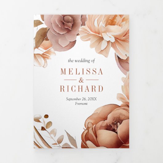 Boho Terracotta Floral Deer QR Code Weddenschap Drieluik Uitnodiging (Cover)