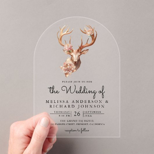 Boho Terracotta Floral Deer Wedding Acryl Uitnodigingen (Insitu (Draagbaar))