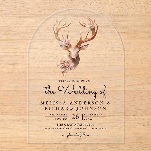 Boho Terracotta Floral Deer Wedding Acryl Uitnodigingen (Voorkant)