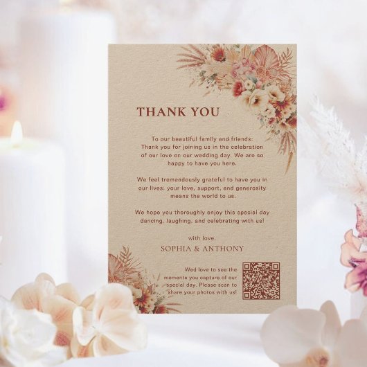 Boho Terracotta Floral Kraft Wedding QR Code Bedankkaart