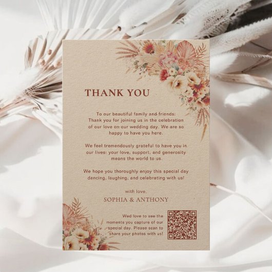Boho Terracotta Floral Kraft Wedding QR Code Bedankkaart