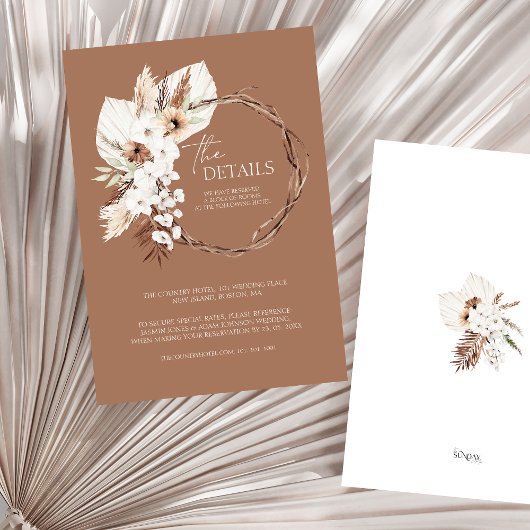 Boho Terracotta Floral krans bruiloft details Informatiekaartje