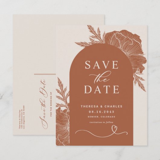 Boho Terracotta Floral Line Arch Save the Date Aankondigingskaart (Voorkant / Achterkant)