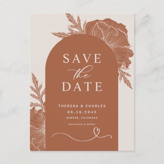 Boho Terracotta Floral Line Arch Save the Date Aankondigingskaart (Voorkant)