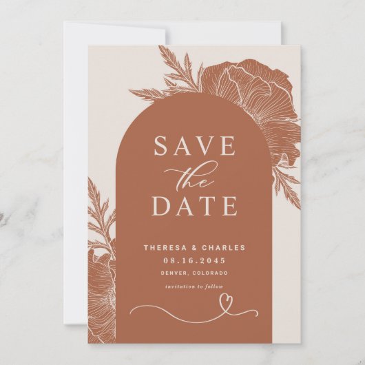 Boho Terracotta Floral Line Art Arch Save the Date (Voorkant)