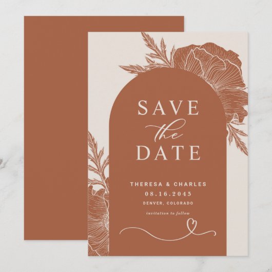 Boho Terracotta Floral Line Art Arch Save the Date (Voorkant / Achterkant)