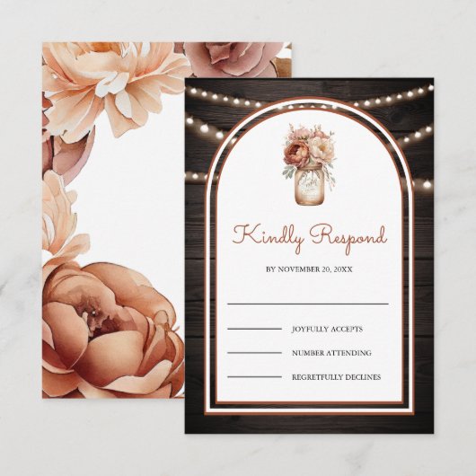 Boho Terracotta Floral Mason Jar Barn Wood Wedding RSVP Kaartje (Voorkant / Achterkant)