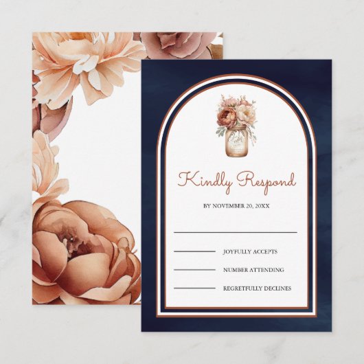 Boho Terracotta Floral Mason Jar Navy Blue Wedding RSVP Kaartje (Voorkant / Achterkant)