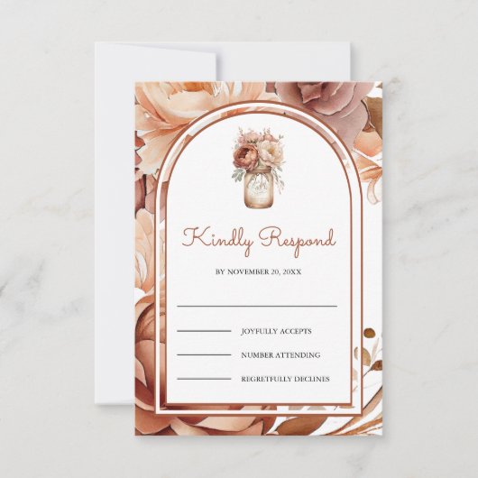 Boho Terracotta Floral Mason Jar Wedding RSVP Kaartje (Voorkant)