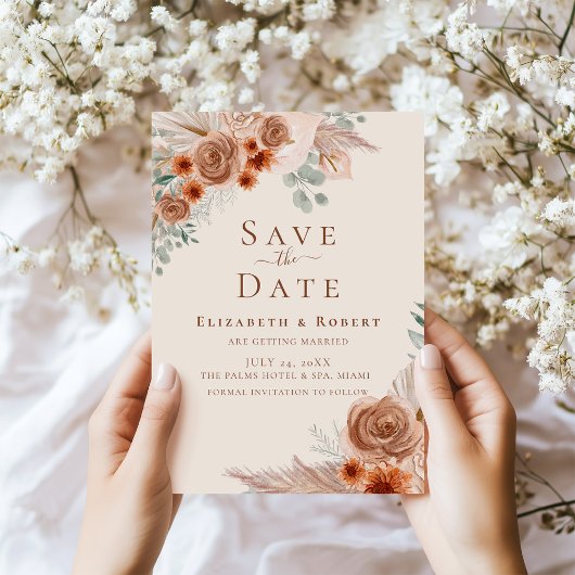 Boho Terracotta Floral Pampas Grass Bewaar de datu Kaart