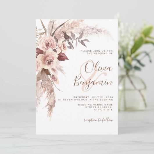 Boho Terracotta Floral Rust Cream Neutral Wedding Kaart (Staand voorkant)