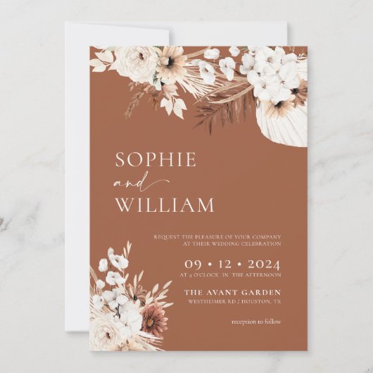 Boho Terracotta Floral Wedding Invitation Kaart (Voorkant)
