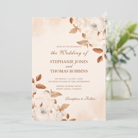 Boho Terracotta Floral Wedding Invitation Kaart (Staand voorkant)