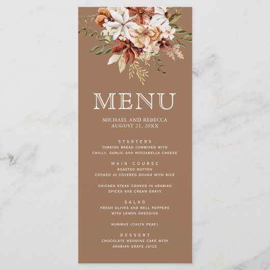 Boho Terracotta Floral Wildflower Beige Wedding Menu (Voorkant)