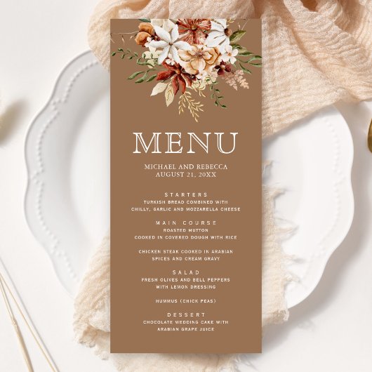 Boho Terracotta Floral Wildflower Beige Wedding Menu