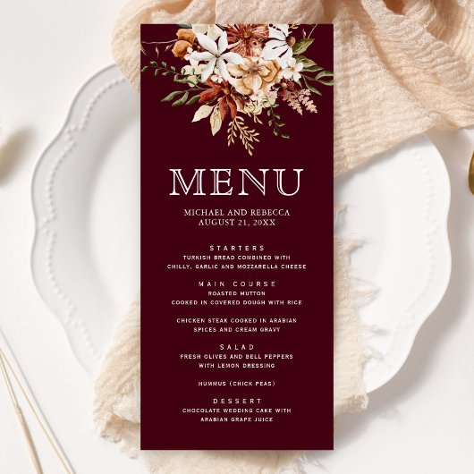 Boho Terracotta Floral Wildflower Bourgondische br Menu