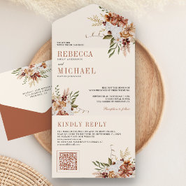 Boho Terracotta Floral Wildflower Cream Wedding All In One Uitnodiging