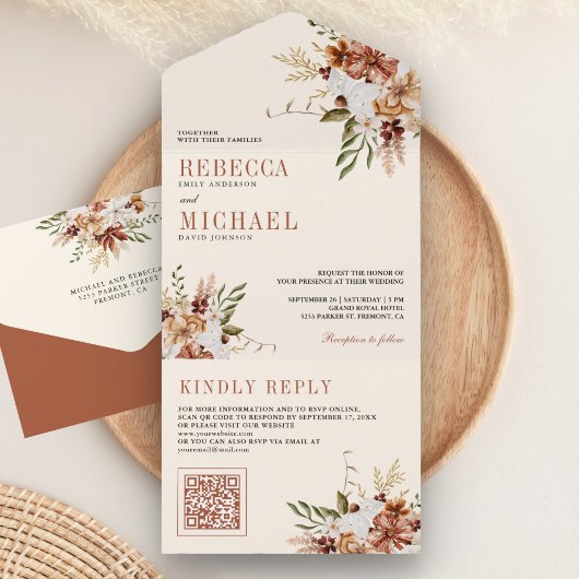 Boho Terracotta Floral Wildflower Cream Wedding All In One Uitnodiging