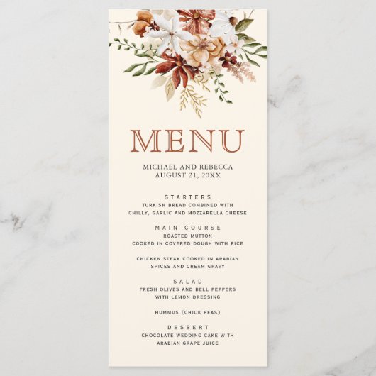 Boho Terracotta Floral Wildflower Cream Wedding Menu (Voorkant)