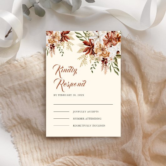 Boho Terracotta Floral Wildflower Cream Wedding RSVP Kaartje