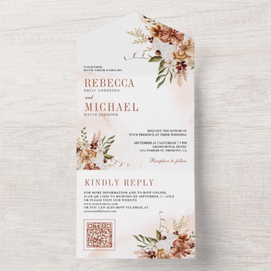 Boho Terracotta Floral Wildflower Witte bruiloft All In One Uitnodiging