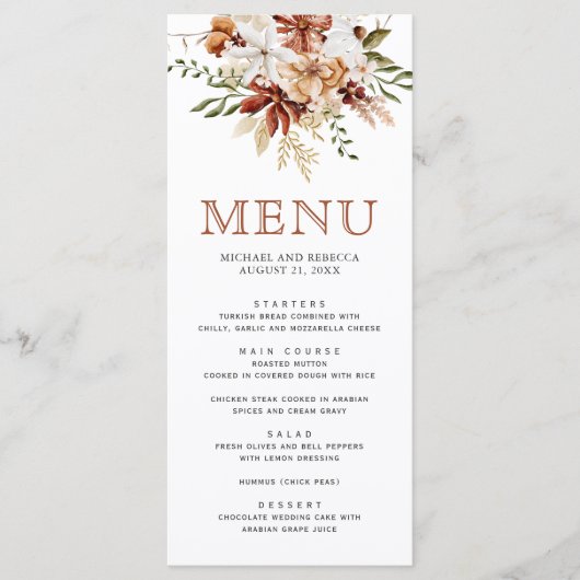 Boho Terracotta Floral Wildflower Witte bruiloft Menu (Voorkant)