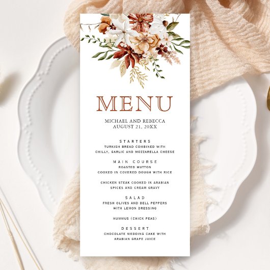 Boho Terracotta Floral Wildflower Witte bruiloft Menu