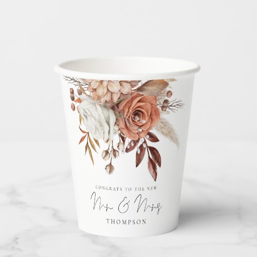 Boho Terracotta Florals felicitaties Mr. Mrs Weddi Papieren Bekers (Voorkant)