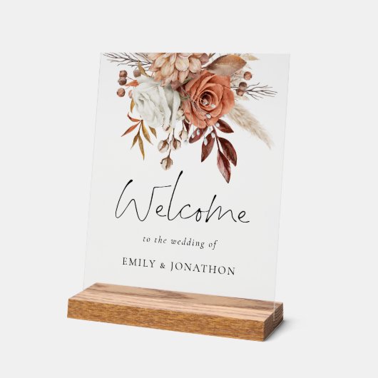Boho Terracotta Florals Welkom op bruiloft Acryl Bord (Hoek)