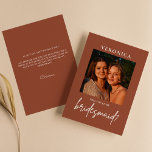 Boho Terracotta Foto Bridesmaid proposal Kaart<br><div class="desc">Boho Terracotta Foto Bridesmaid proposal Kaart. Het woord 'bridesmaid' is niet bewerkbaar. Upload een horizontale/landschapsfoto. Controleer het collectie op meer overeenkomende objecten.</div>