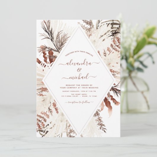 Boho Terracotta Foto Pampas Grass Wedding Kaart (Staand voorkant)