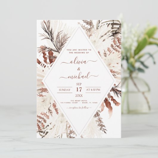 Boho Terracotta Foto Pampas Grass Wedding Kaart (Staand voorkant)