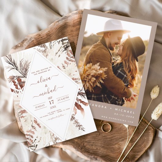 Boho Terracotta Foto Pampas Grass Wedding Kaart