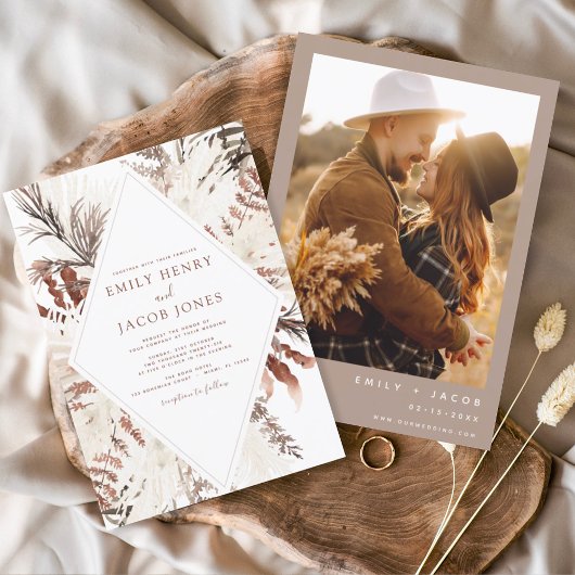 Boho Terracotta Foto Pampas Grass Wedding Kaart