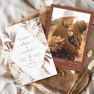 Boho Terracotta Foto Pampas Grass Wedding Kaart