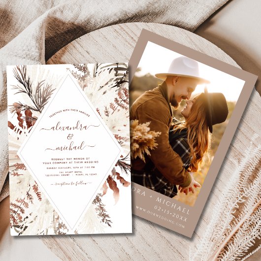 Boho Terracotta Foto Pampas Grass Wedding Kaart