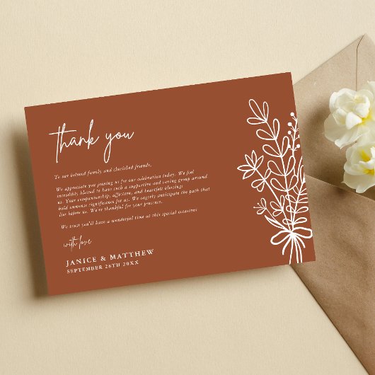 Boho Terracotta Gebrande Oranje Landelijke Bruilof Bedankkaart