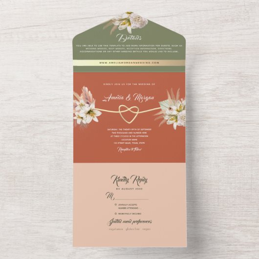 Boho Terracotta Green Wedding All In One Uitnodiging (Binnen)