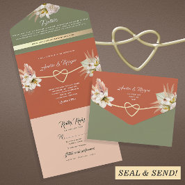Boho Terracotta Green Wedding All In One Uitnodiging