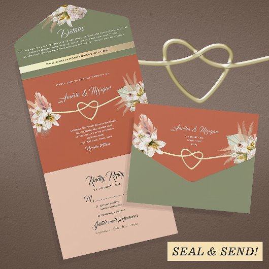 Boho Terracotta Green Wedding All In One Uitnodiging